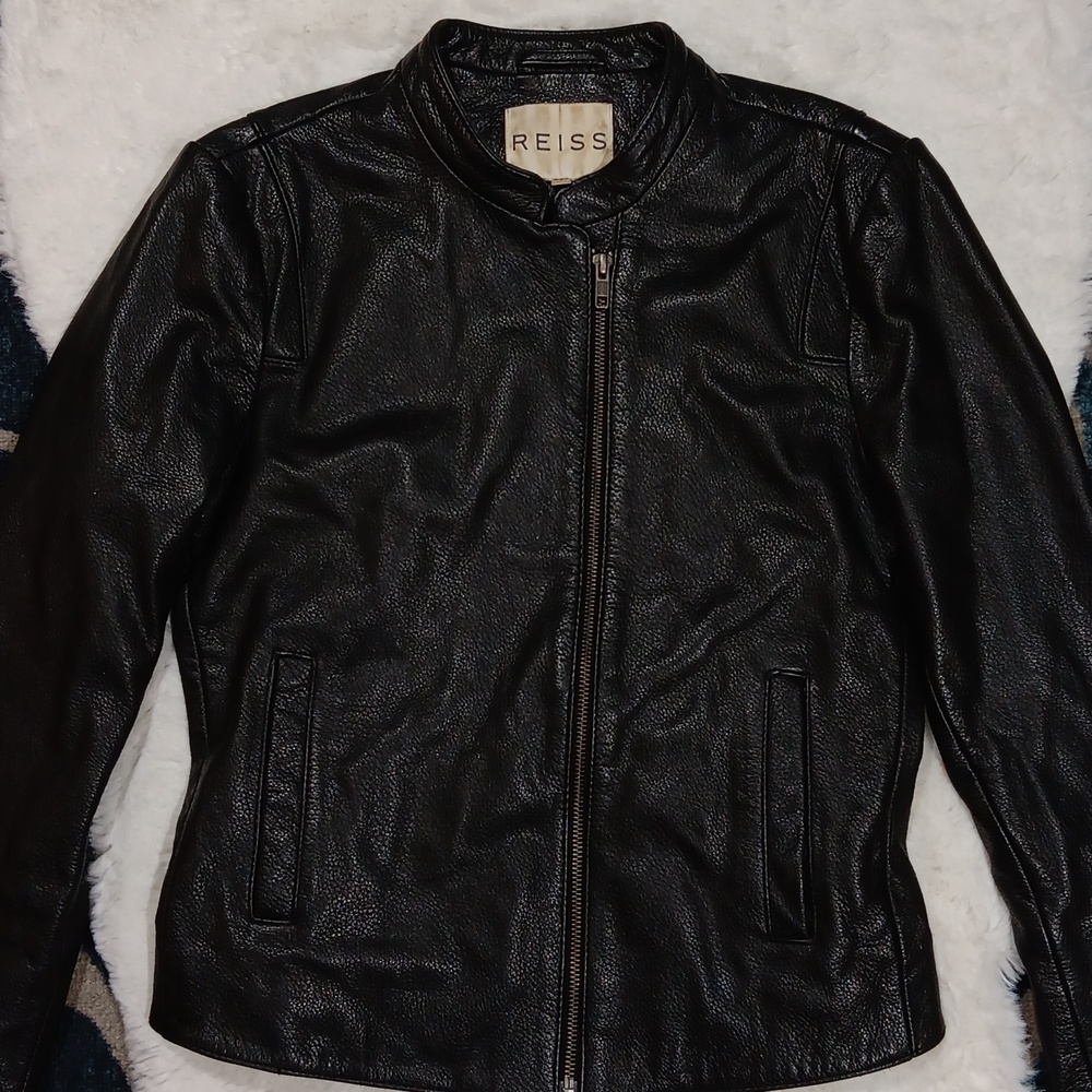 Reiss black leather moto classic biker jacket women's sz small - Picture 3 of 13